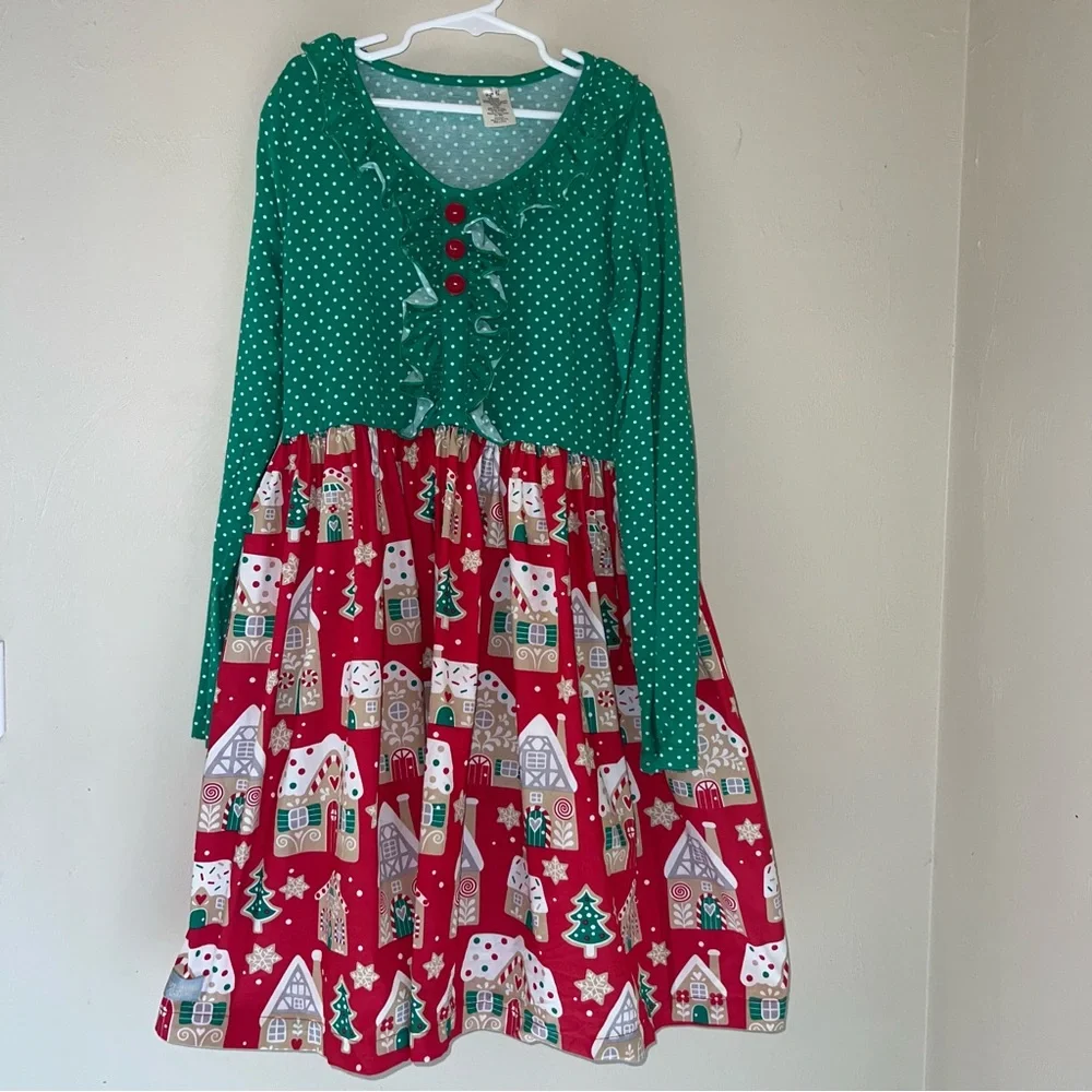 Eleanor Rose Gingerbread Village Christmas Dress with Polka Dots and Ruffles